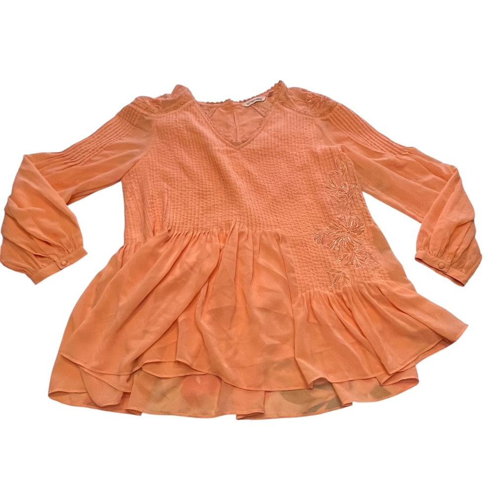 Soft Surroundings‎ Top Small Carte Blanche Sheer Boho Peach Pintuck Embroidered